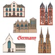 Germany landmarks, travel architecture of Marburg in Hesse, vector. German landmark buildings of Elisabethkirche and Sankt Sebastian church, Alte Universitat, Wiesbaden rathaus and Limburg cathedral
