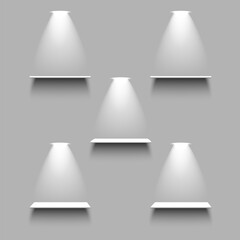 Wall Mural - White empty five shelves with light and shadow on grey background