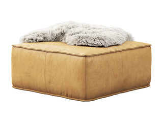 Wall Mural - Beige leather ottoman with fur plaid. 3d render