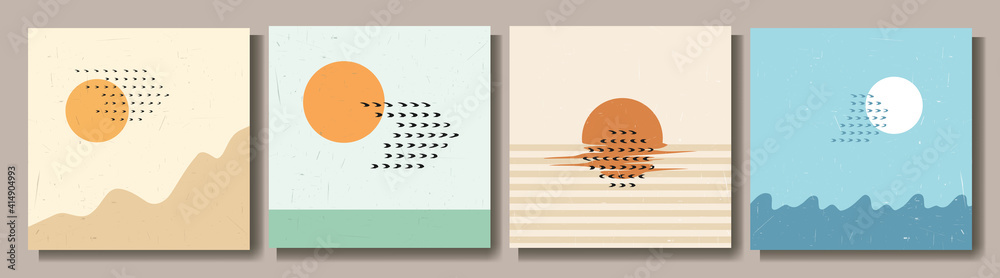 Vector illustration. Surreal sun and birds. Mid century modern graphic. Grunge texture. Minimalist landscape set. Abstract shapes. Design elements for social media template, blog post, square banner - obrazy, fototapety, plakaty 
