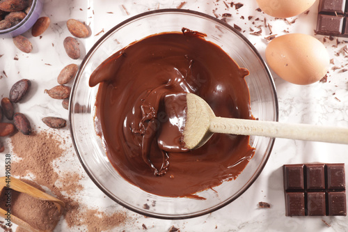 Obraz Dibond chocolate with ingredient for chocolate cake- top view