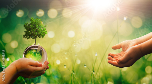 Child hands holding crystal earth globe and growing tree.  Environment, save clean planet, ecology concept. Earth Day banner with copy space