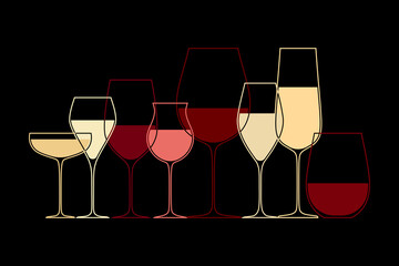 Different wine glasses. Abstract design with different shape glassware for wine tasting and drinking isolated on black background. Vector illustration