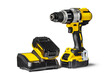 © smiltena - Yellow-black cordless Combi Drill Driver Hammer Drill and extra battery with charger isolated on white background.