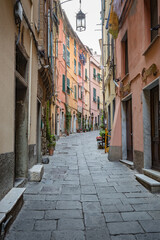  PORTO VENERE, ITALY - OCTOBER, 2020: cityscape. Narrow street in old town of Porto Venere, Liguria, Italy