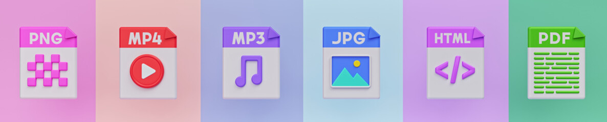 Aufkleber - popular file format icons set. simple banner. 3d rendering