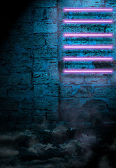 Poster - pink neon lamps on the background of a wall of stone bricks at night