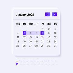 Wall Mural - Neumorphism UI Calendar concept with blue gradient buttons. Template for mobile and web applications. Vector illustration