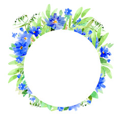 Canvas Print - floral round frame, blue flowers and green leaves. watercolor hand drawn illustration, isolated on w