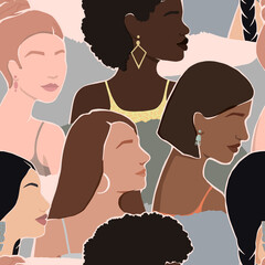 Wall Mural - women from different ethnic groups together shoulder to shoulder. seamless vector pattern background. modern flat illustration:
