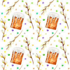 Watercolor seamless Easter pattern with willows and cakes. Religious print on white background