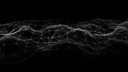 Poster - abstract wave with moving dots and lines. flow of particles. vector cyber technology illustration.