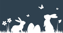 Vector Silhouette Rabbits On Dark Background. Easter Background With Bunny, Eggs And Butterfly. 