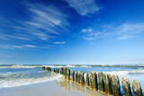 Fototapeta Morze - Sea landscape, row of wooden piles on a sandy beach