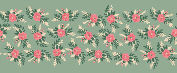 Poster - Vintage flowers seamless vector border. Romantic rose florals leaves old rose pink green color repeating horizontal pattern. Peony flowers hand drawn cute illustration for banners, fabric trim, footer