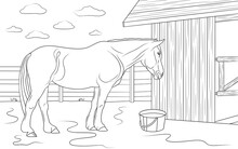 Horse Is Standing Near Its Stable In Outdoors. Illustration For Coloring Book.