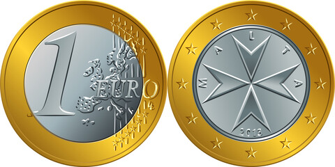 Obverse and reverse of Maltese money one euro coin with the image of Maltese cross