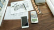 © PIC SNIPE - Engineering or Architect tools, blueprint and building model on table in office. Construction concept.