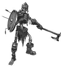 Skeleton Warrior With Ax And Shield. Dead Warrior With Weapon Sketch Illustration Isolate Art.