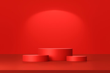 Poster - Red product background stand or podium pedestal on empty display with blank backdrops. 3D rendering.