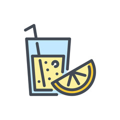 Poster - Fresh juice color line icon. Glass with straws and lemon slice vector outline colorful sign.