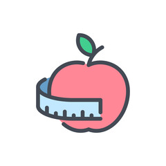 Poster - Healthy food, Healthy Diet Weight loss color line icon. Apple fruit with measuring tape vector outline colorful sign.