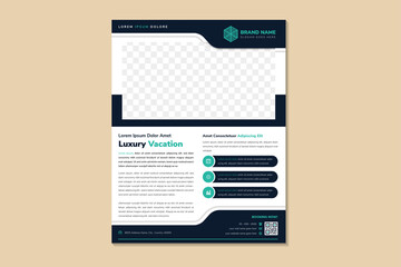 Poster - Abstract geometric flyer template design. rectangle shape for space of photo collage. Advertising design with vertical layout. white background with dark and light blue element. infographic icon.