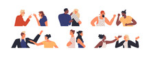Diverse Set Of Angry People Having An Argument Or Heated Discussion Concept. Modern Flat Cartoon Characters Bundle On Isolated Background. Men And Women In Confrontation, Fighting Or In Disagreement.