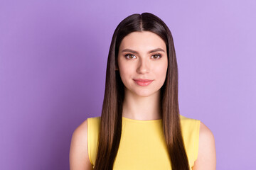 Canvas Print - Photo of satisfied gorgeous person smile look camera wear singlet isolated on pastel violet color background