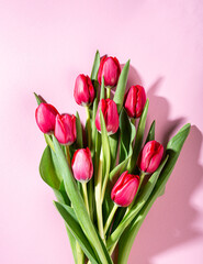 Wall Mural - Pink background with dark pink tulips, Easter. Birthday, mother day greeting card concept with copy space. Top view, flat lay.