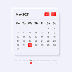 Calendar widget template. UI, UX, GUI layout for mobile and web application. Neumorphism concept design. Vector illustration