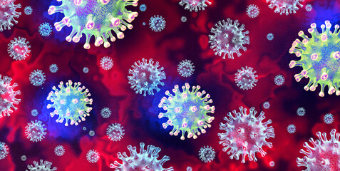 Wall Mural - Mutating virus concept and new coronavirus b.1.1.7 variant outbreak or covid-19 viral cell mutation and influenza background as dangerous flu strain medical health risk with disease cells