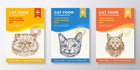 Cat Food Label Templates Set. Abstract Vector Packaging Design Layouts Collection. Typography Banners with Hand Drawn Bengal, Persian and Maine Coon Breeds Sketch Faces Background. Isolated