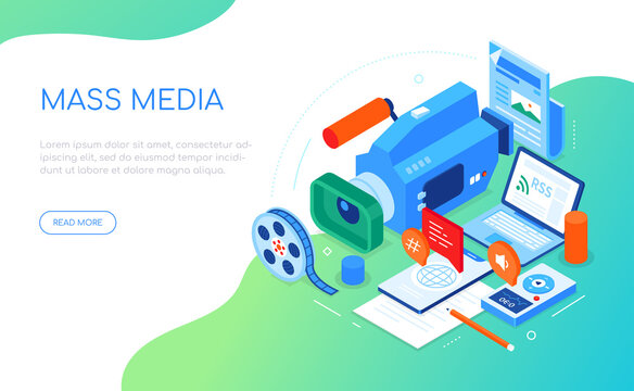 Mass media - modern colorful isometric web banner