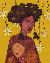 Digital Art. Sketch Style Illustration Of A Girl. Two Girls With Flowers.Poster Or Cover For Magazine Or Article