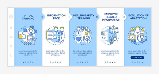 Wall Mural - New employee orientation onboarding vector template. Responsive mobile website with icons. Responsibilities of job and experience of new worker. Webpage walkthrough step screens. RGB color concept