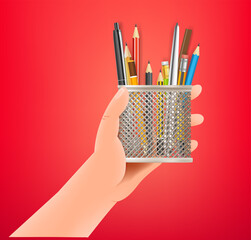 Poster - Man holding stationery vector illustration