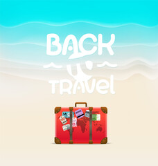 Poster - Seaside with red handbag. Back to travel concept