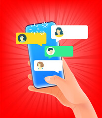 Poster - Hand holding modern smartphone with open with people