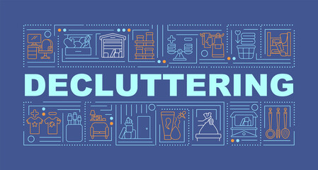 Fototapete - Decluttering word concepts banner. Cleaning trash from your home rooms. Infographics with linear icons on navy background. Isolated typography. Vector outline RGB color illustration
