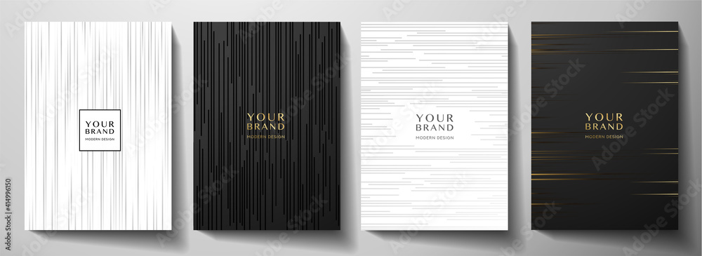 Modern black and white cover design set. Luxury creative dynamic diagonal line pattern. Formal premium vector background for business brochure, poster, notebook, menu template  - obrazy, fototapety, plakaty 