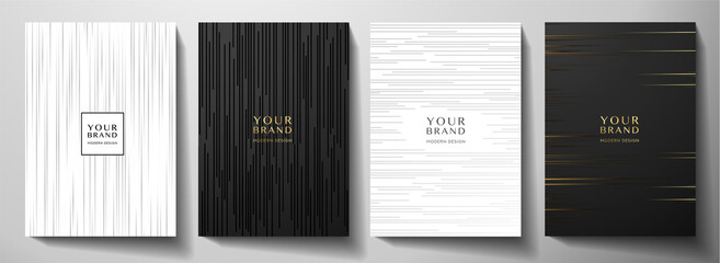 Wall Mural - Modern black and white cover design set. Luxury creative dynamic diagonal line pattern. Formal premium vector background for business brochure, poster, notebook, menu template 