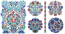 Set Of Uzbek, Turk, Middle Asian And Arabian Islamic Vector Decorative Motifs And Elements, Damask Ornate Boho Style Vintage Ornaments In Deep Blue, Rend And Green Colors For Custom Print And Design
