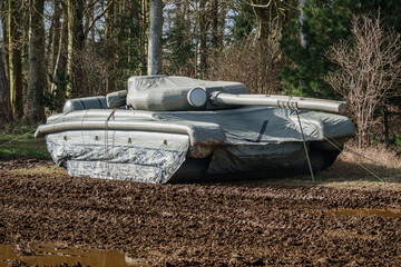 close up of a Challenger 2 main battle Tank inflatable replica decoy on Salisbury Plain UK 