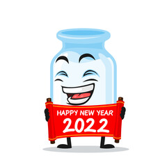 vector illustration of milk mascot holding red scroll and say happy new year