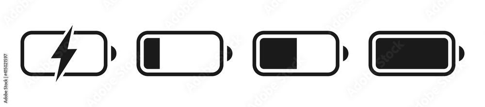 Battery GSM icon set. Isolated black smartphone battery level indicator icons on white background. Concept power, energy, low , full, emplty,  load. UI elements symbols. Vector design. - obrazy, fototapety, plakaty 