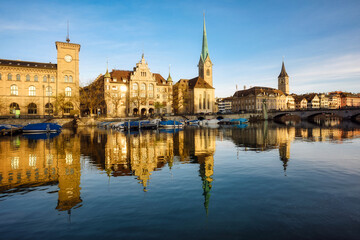 Wall Mural - Zurich city's historical Old town facing Limmat river, Switzerland