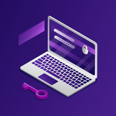 Poster - Vector Illustration On Dark Blue Background With Elements. Isometric Composition In Cartoon 3D Style. Big Laptop With Hidden Information And Lock Sign On Screen. Key Lying Near. Private Data Concept
