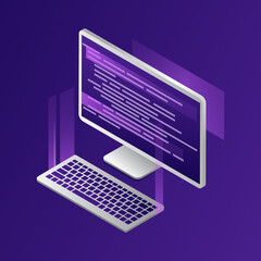 Poster - Vector Illustration On Dark Blue Background With Element. Isometric Composition In Cartoon 3D Style. Grey Modern Computer, Text Template On Monitor Screen. Keyboard Lying Near. Product Advert Layout