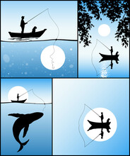 Fisherman Isolated Silhouette. Man Fishing In Boat. Whale Outline